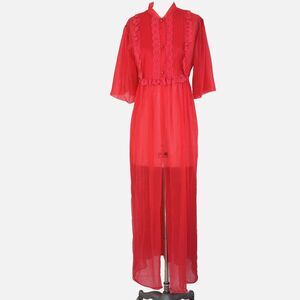 VTG 70s Lingerie Women's Small Robe Sheer Red Nylon Long Peignoir Negligee Retro